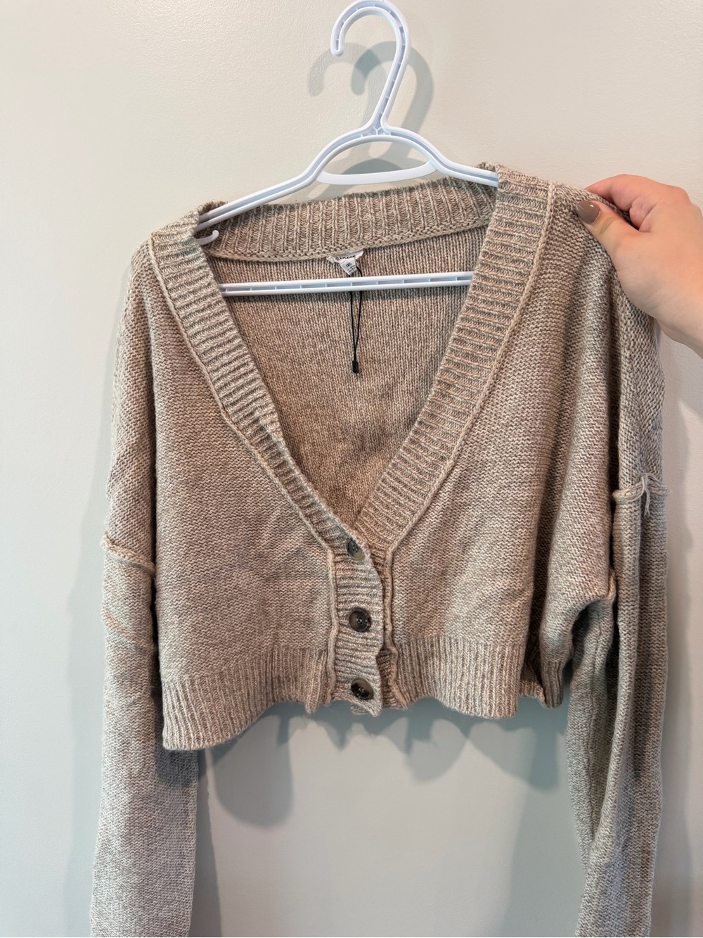 Garage Cropped Beige V-Neck Button Cardigan